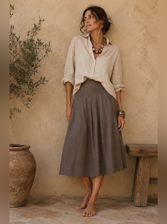 Gunex Dresses & Skirts - GUNEX Made in Italy Pleated Linen Skirt Taupe Brown Lined European